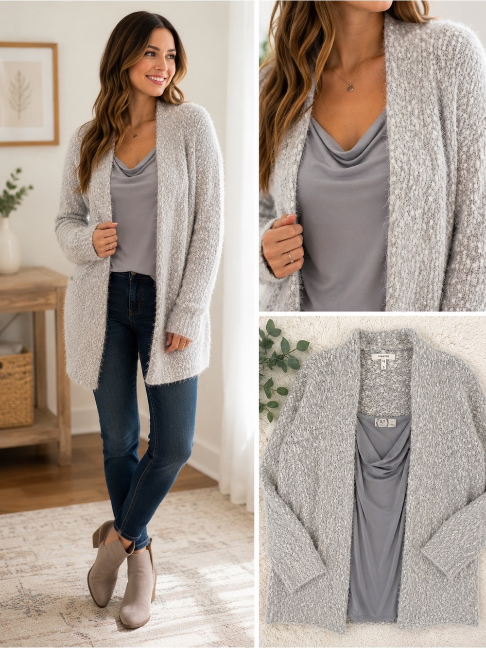 Maurices Gray Fuzzy Open Cardigan & 24/7 Drape Neck Tank Set Size S